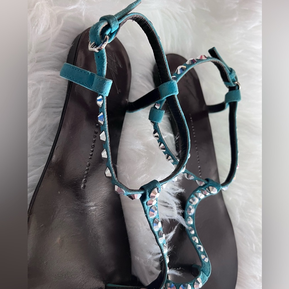 Giuseppe Zanotti Size 39 flat sandals blue suede straps adjustable ankle strap - Picture 6 of 13